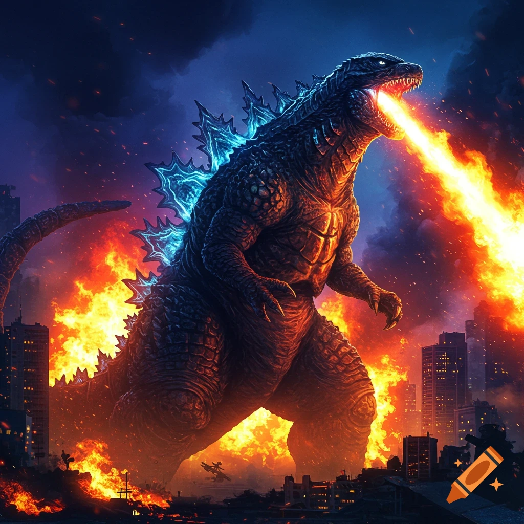 A giant monster resembling Godzilla breathes fire over a burning city.