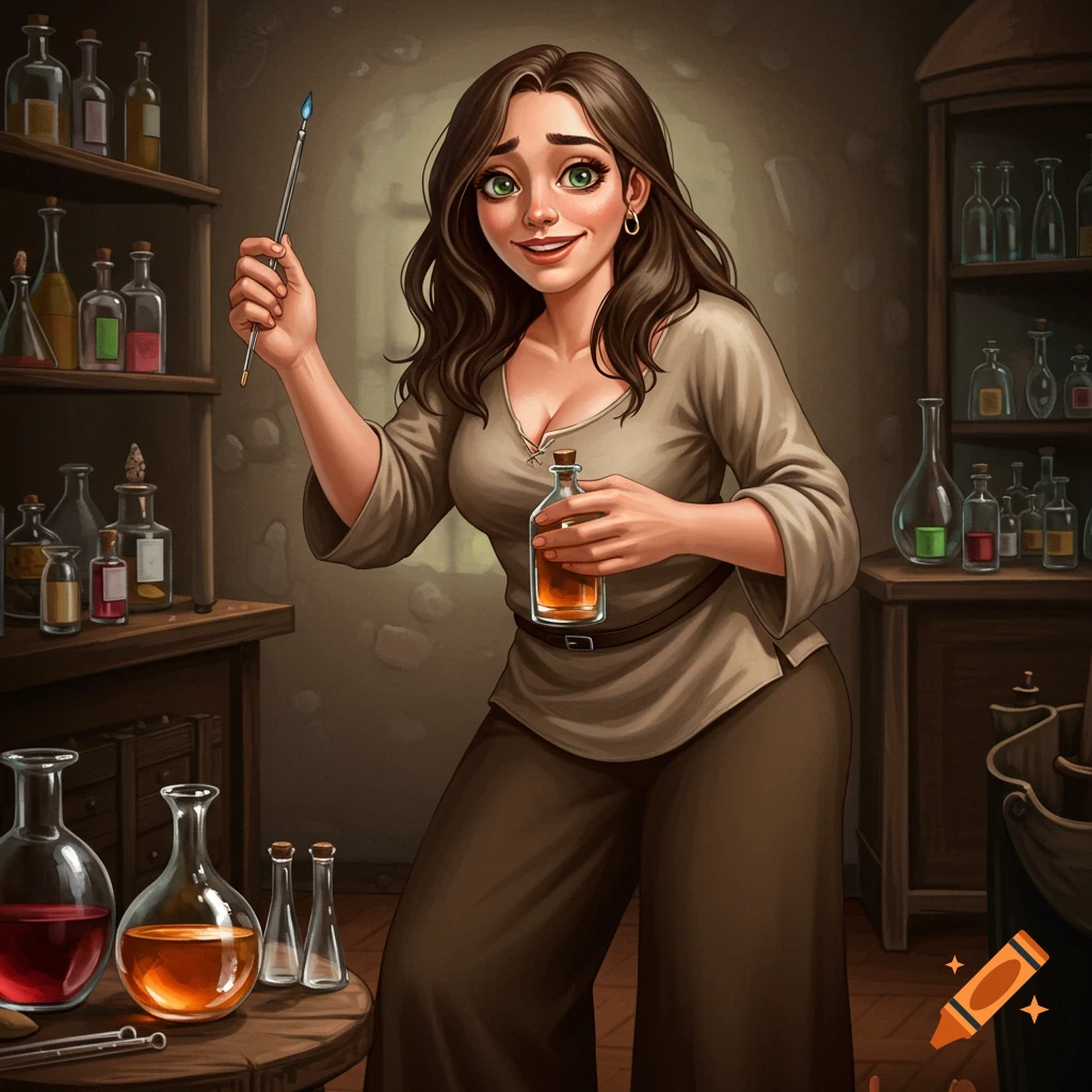 A smiling woman in a medieval-style lab holds a glowing wand and a bottle, surrounded by shelves of potions and beakers.