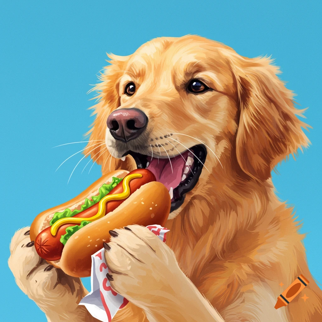 A golden retriever dog eating a hot dog.