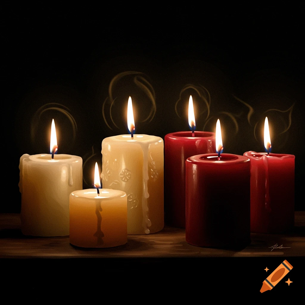 Red and cream-colored candles lit on a dark background.