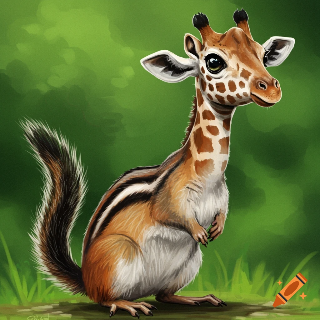 A chipmunk with a giraffe head and neck stands in the grass.