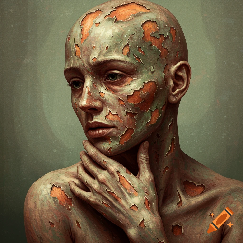 Close-up of a person with severe peeling skin on their face, head, neck, and hands.