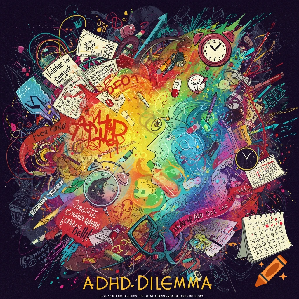 A vibrant, chaotic illustration depicting a head silhouette filled with clocks, calendars, pills, fragmented text, and abstract shapes representing ADHD.