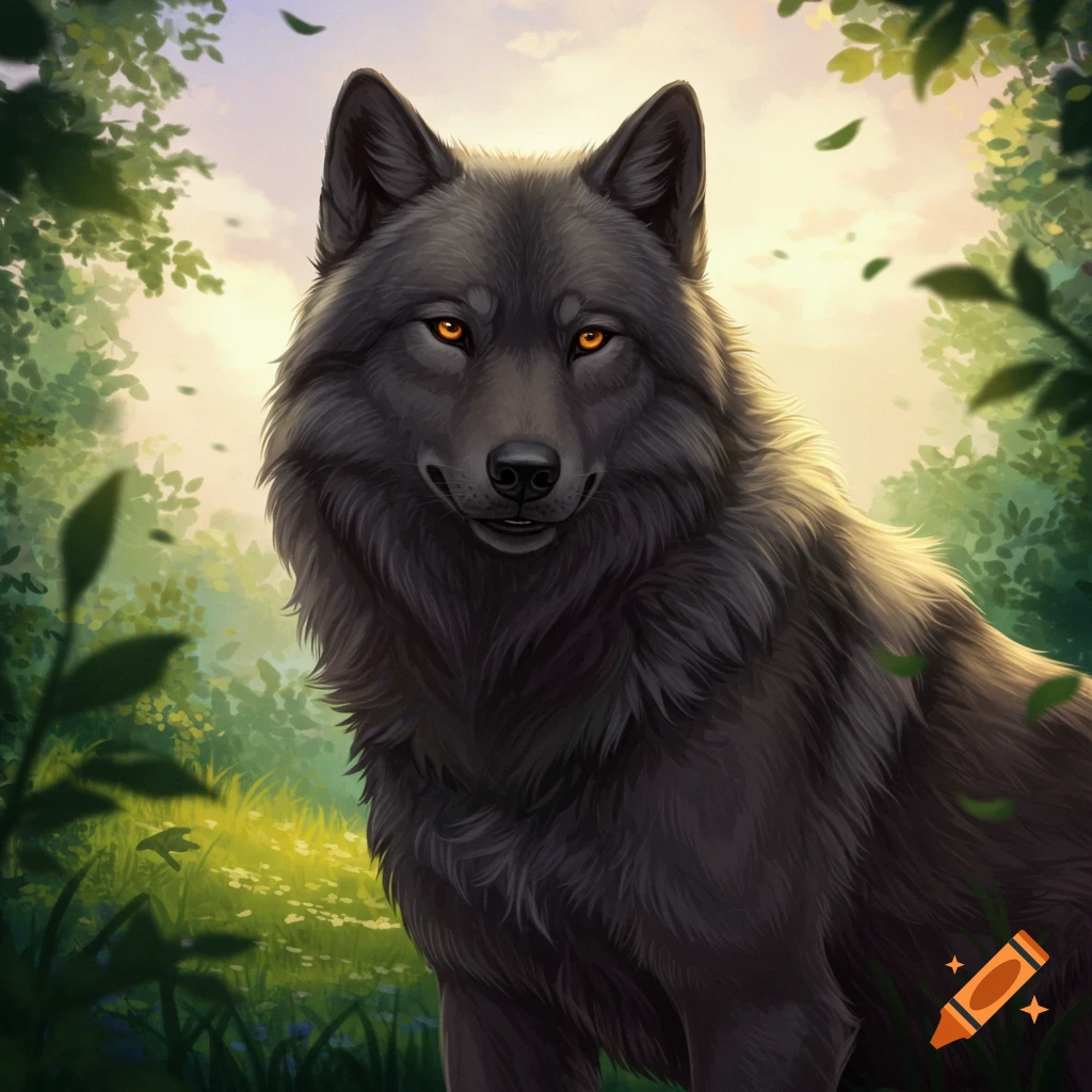 A black wolf with orange eyes stands in a sunlit forest clearing.