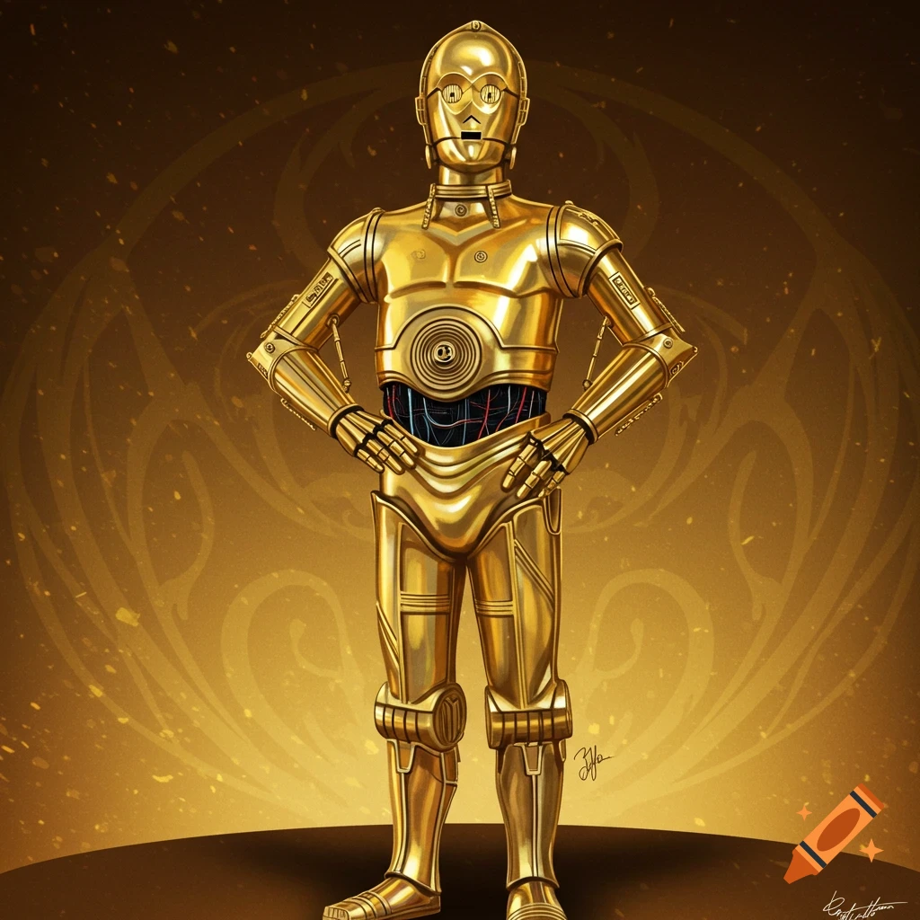 A golden Star Wars droid, C-3PO, stands with hands on hips against a golden background.