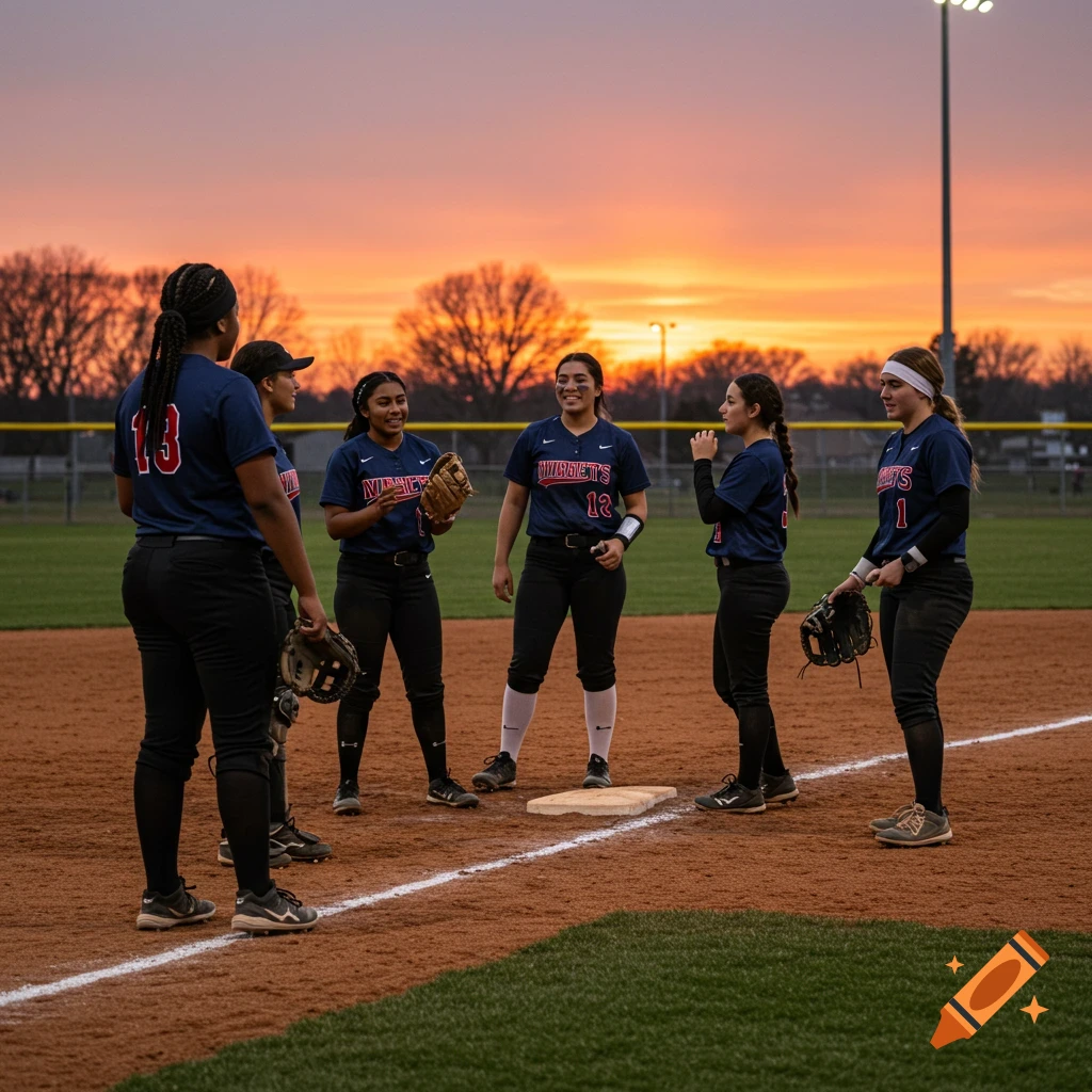 Softball players gathered on a field at sunset