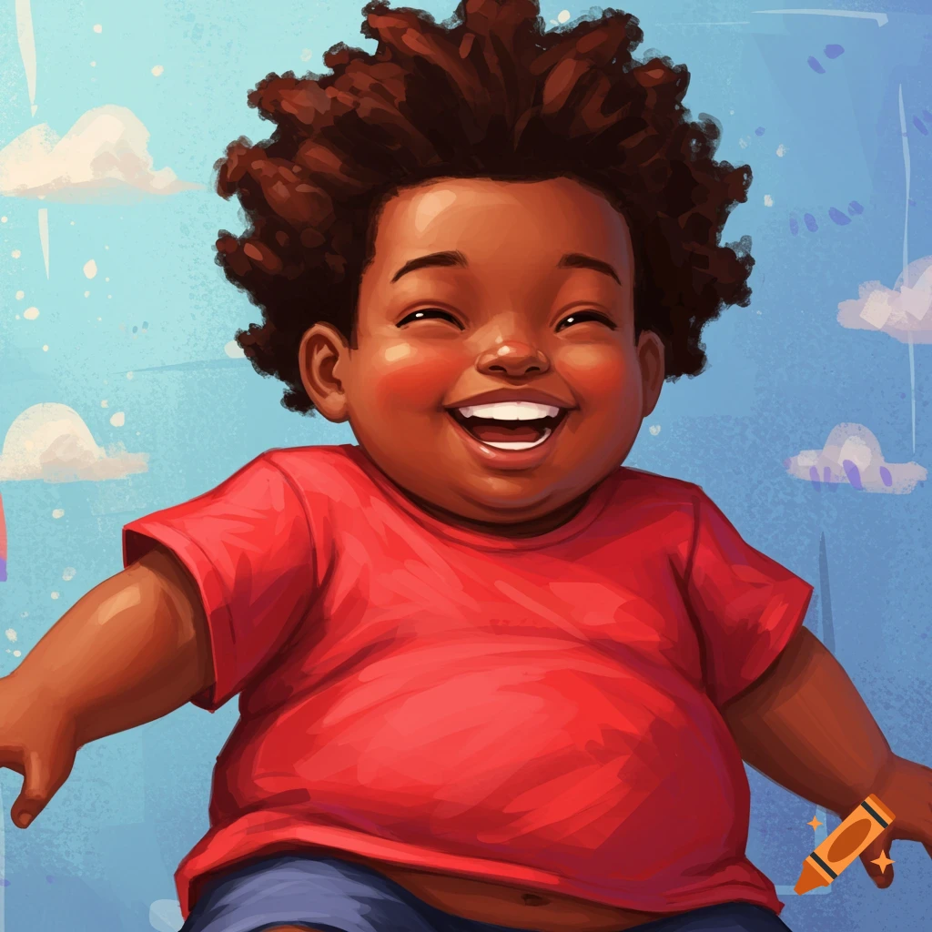 A happy Black boy with an afro wearing a red shirt, smiling widely against a blue sky background.