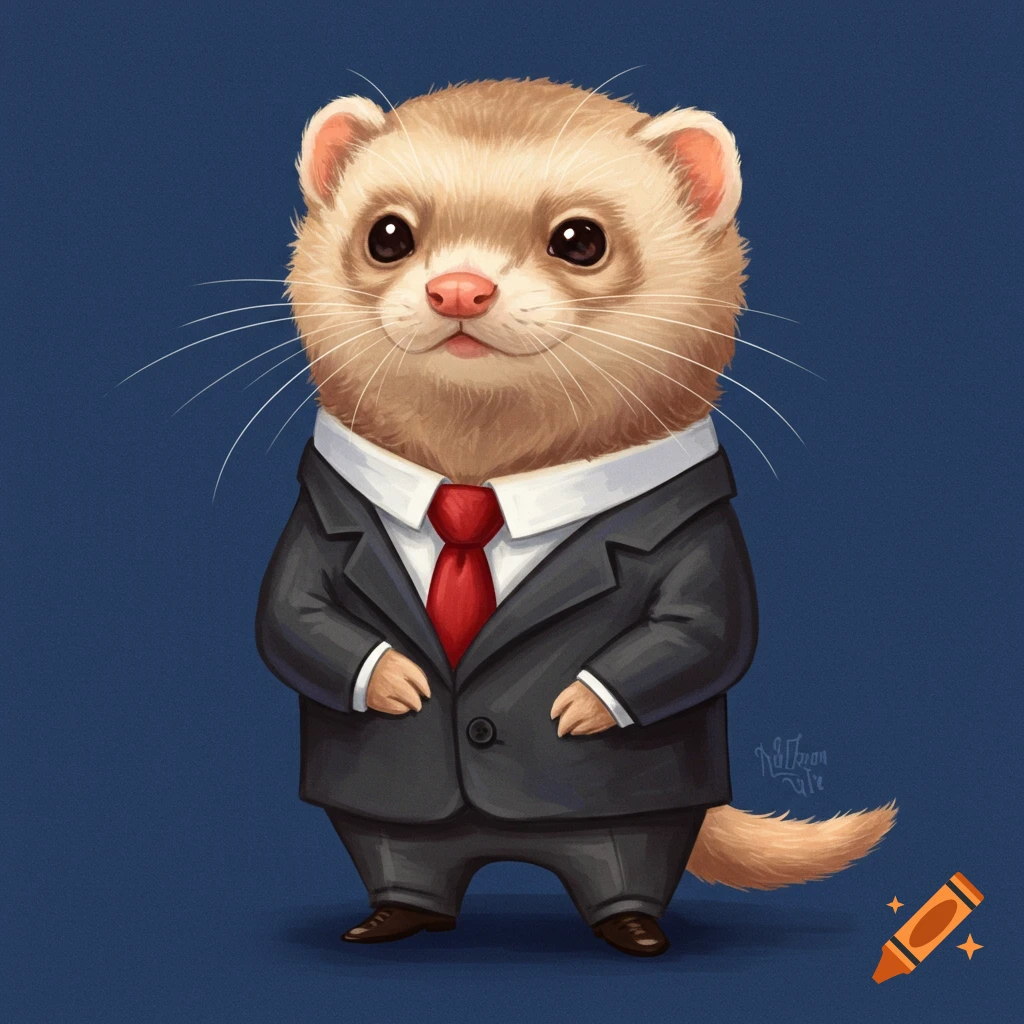 A cute ferret wearing a business suit and red tie.