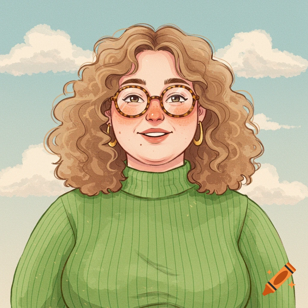 Watercolor illustration of a woman with curly hair and glasses wearing a green sweater.