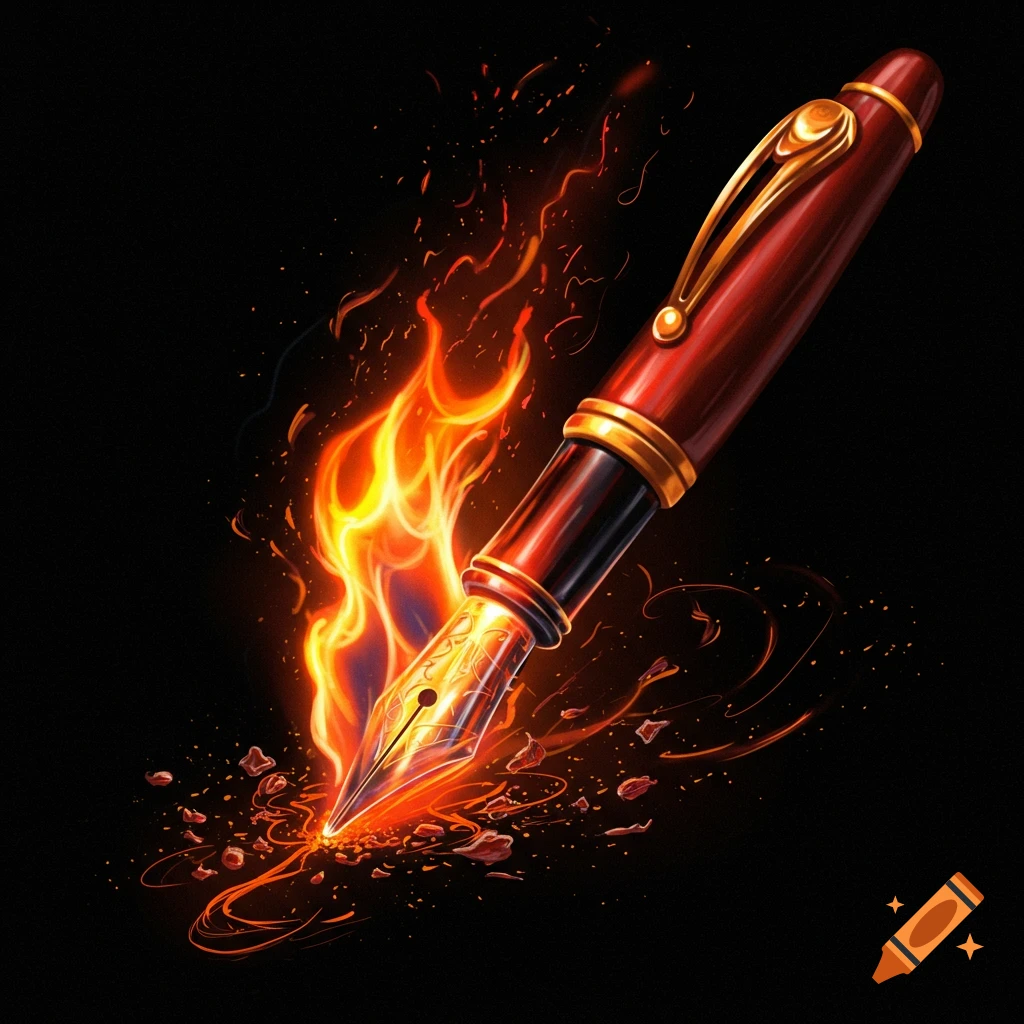 A red and gold fountain pen writing with fire on a black background.