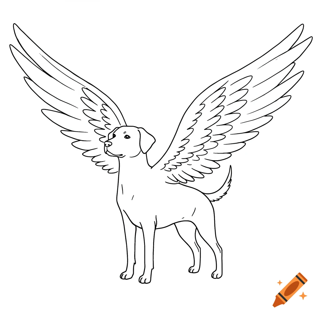 A simple line drawing of a dog standing with large feathered wings.
