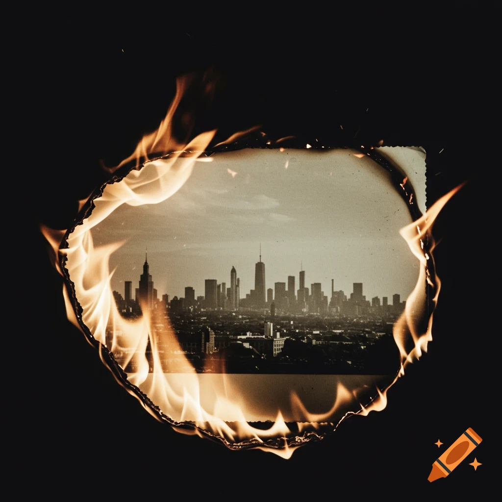 Sepia-toned city skyline viewed through a hole in burning paper.