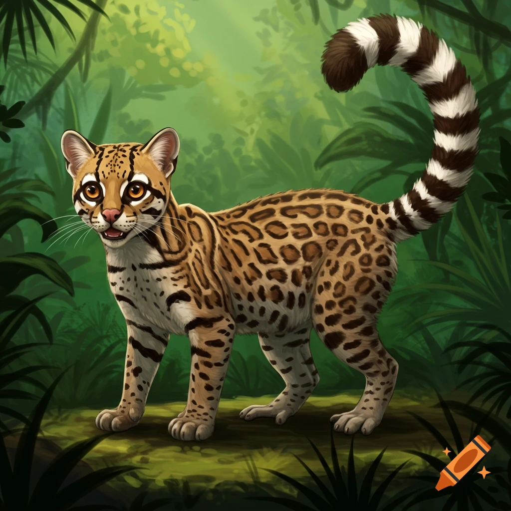 An ocelot with a ringed lemur tail stands in a jungle.