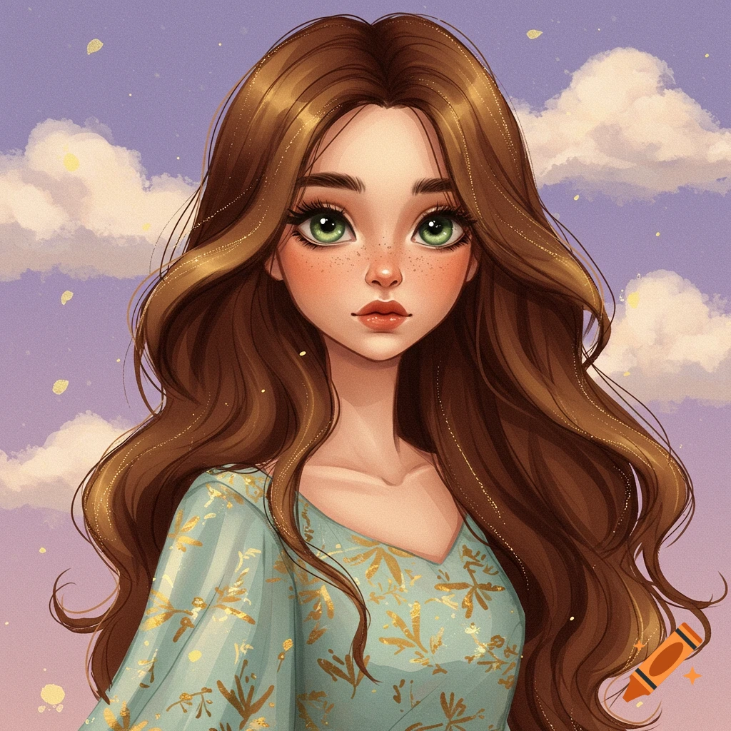 A portrait of a girl with long brown hair, green eyes, and freckles, wearing a floral top, against a cloudy sky.