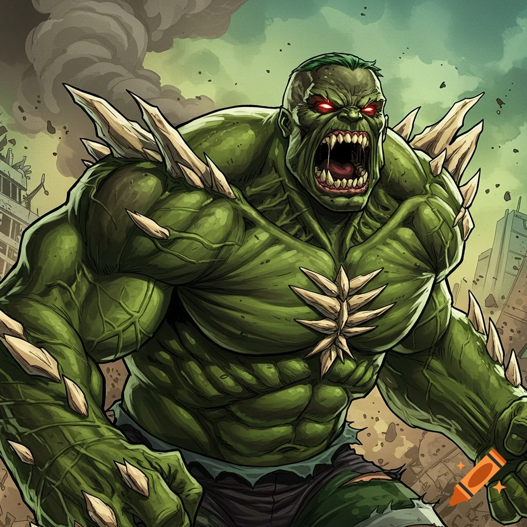 A roaring green monstrous figure with bone spikes in a destroyed city.