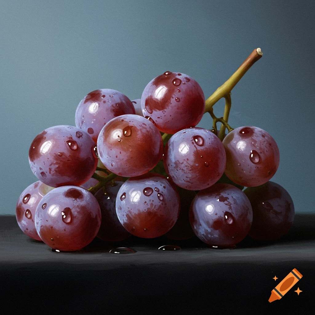 A detailed painting of a cluster of red grapes with water droplets, on a dark surface against a blue background.