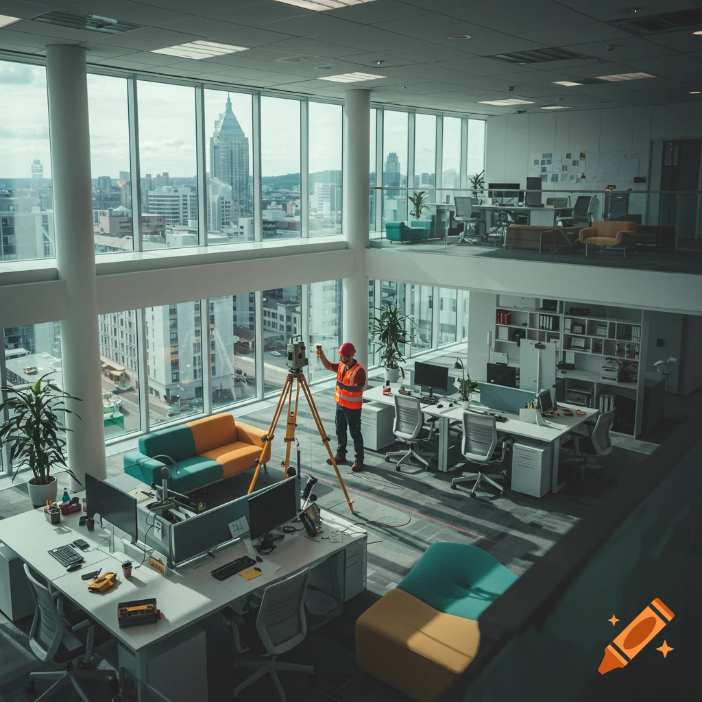 A surveyor uses equipment in a modern office overlooking a cityscape.