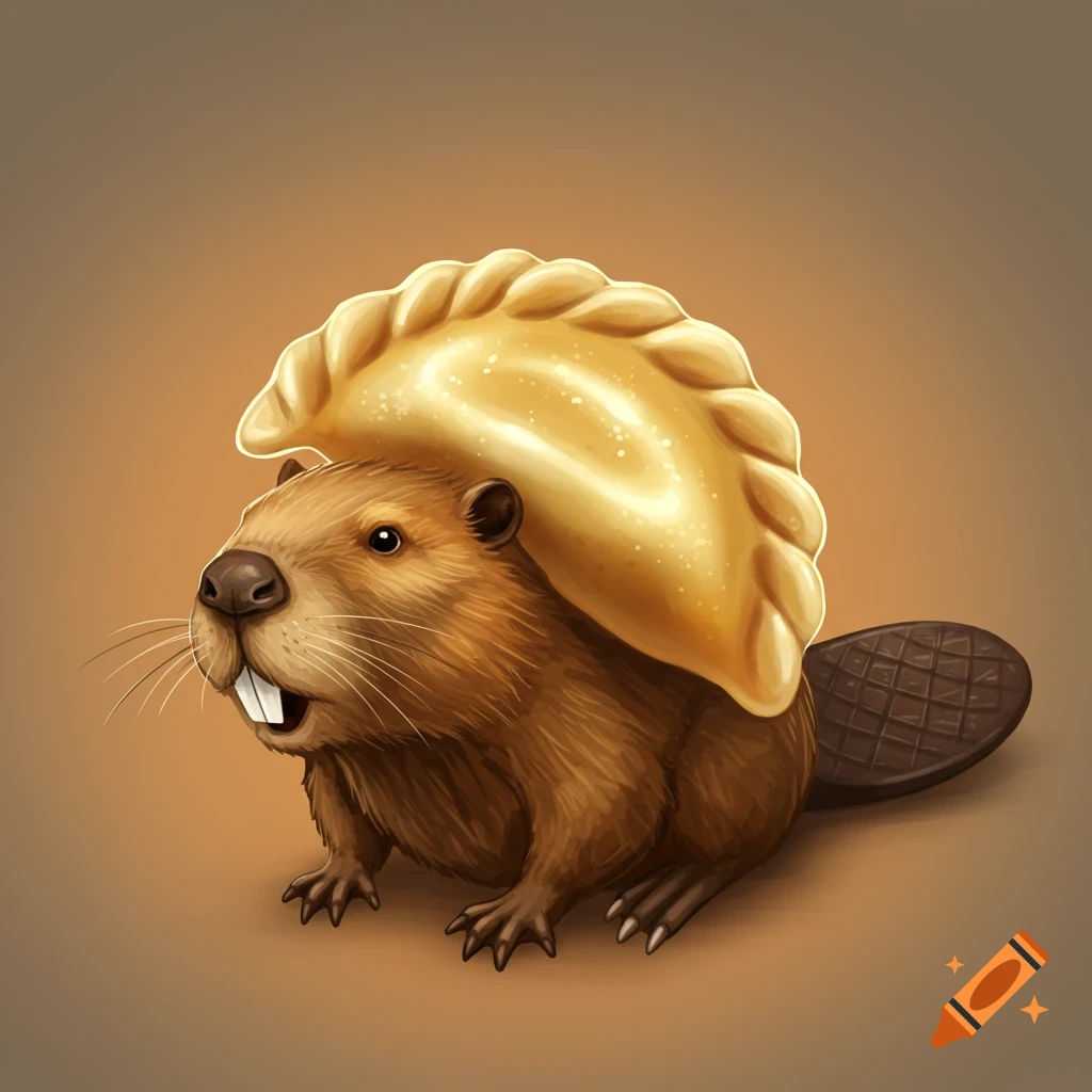 A beaver with a pierogi on its head.
