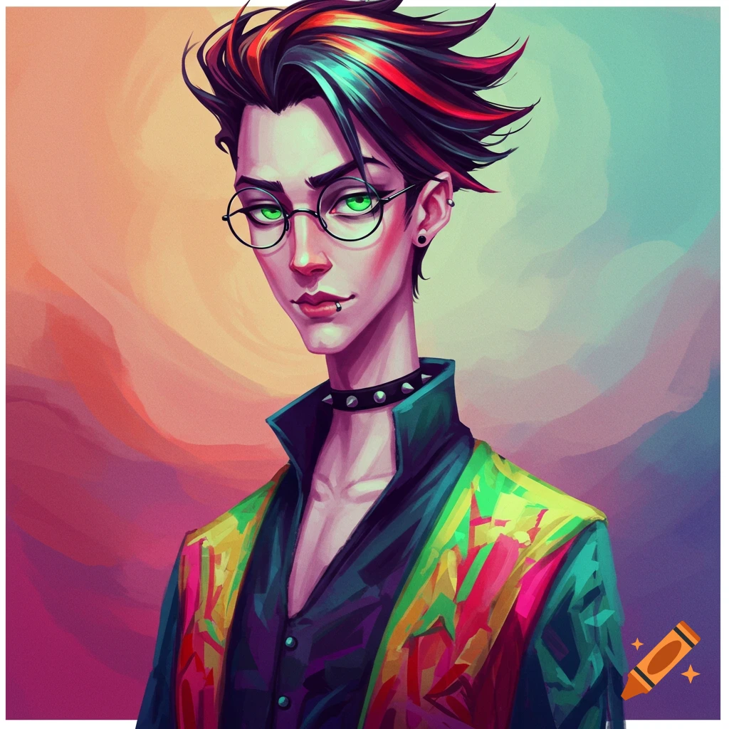 Portrait of a person with colorful hair, glasses, and a studded collar.