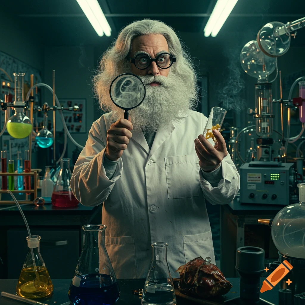 A wild-haired scientist with a beard and glasses peers through a magnifying glass at a test tube in a cluttered lab.