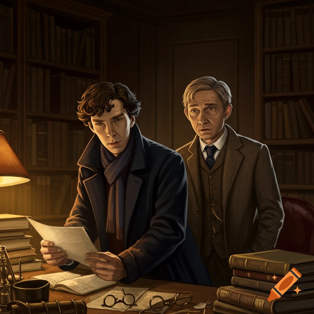 Sherlock Holmes and Dr. Watson examining a document in a dimly lit study.