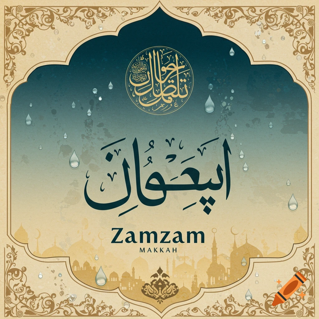 A Zamzam water label with Arabic calligraphy, a skyline, and droplets.