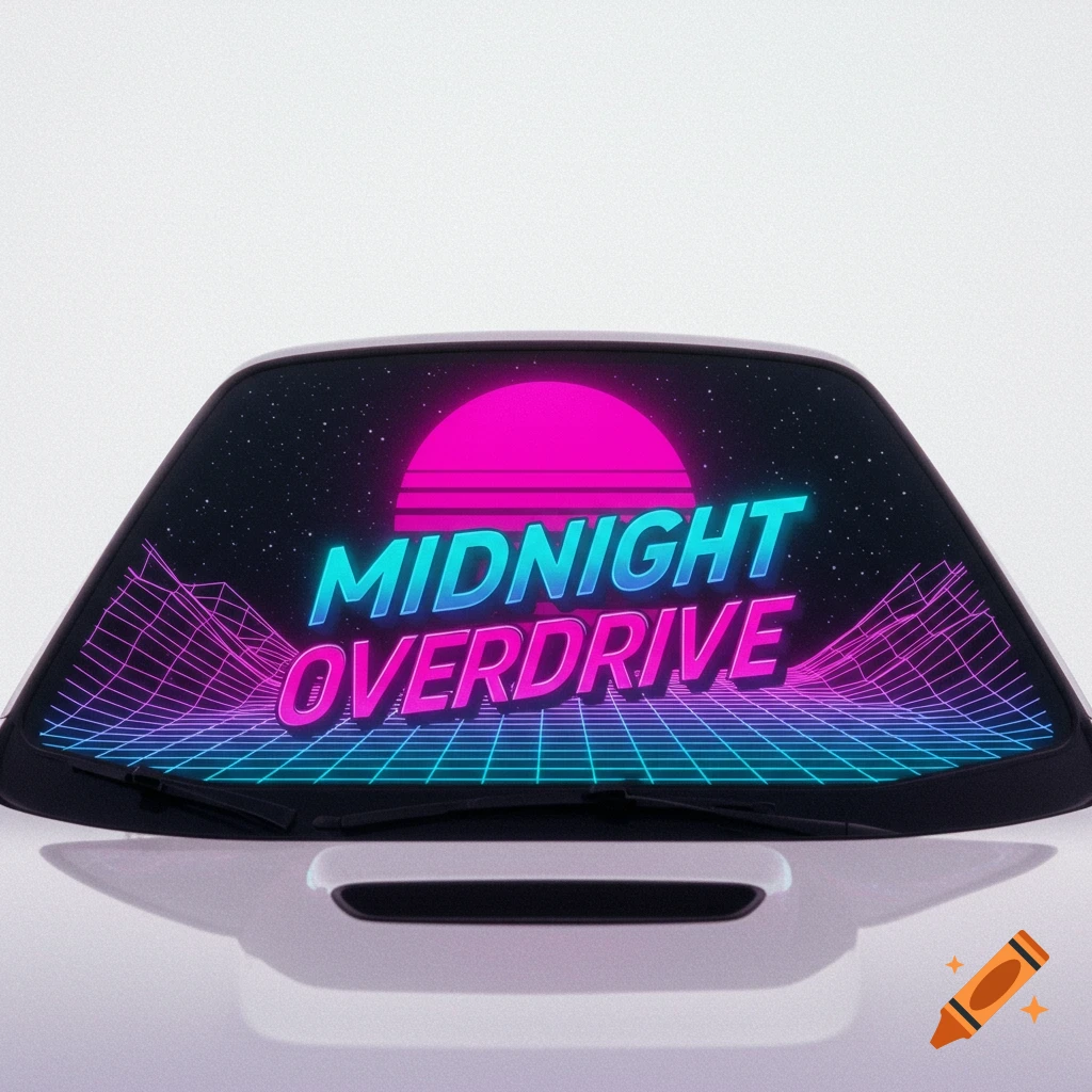 Car windshield with a synthwave banner featuring 'Midnight Overdrive' text, retro grid, and sun graphic.