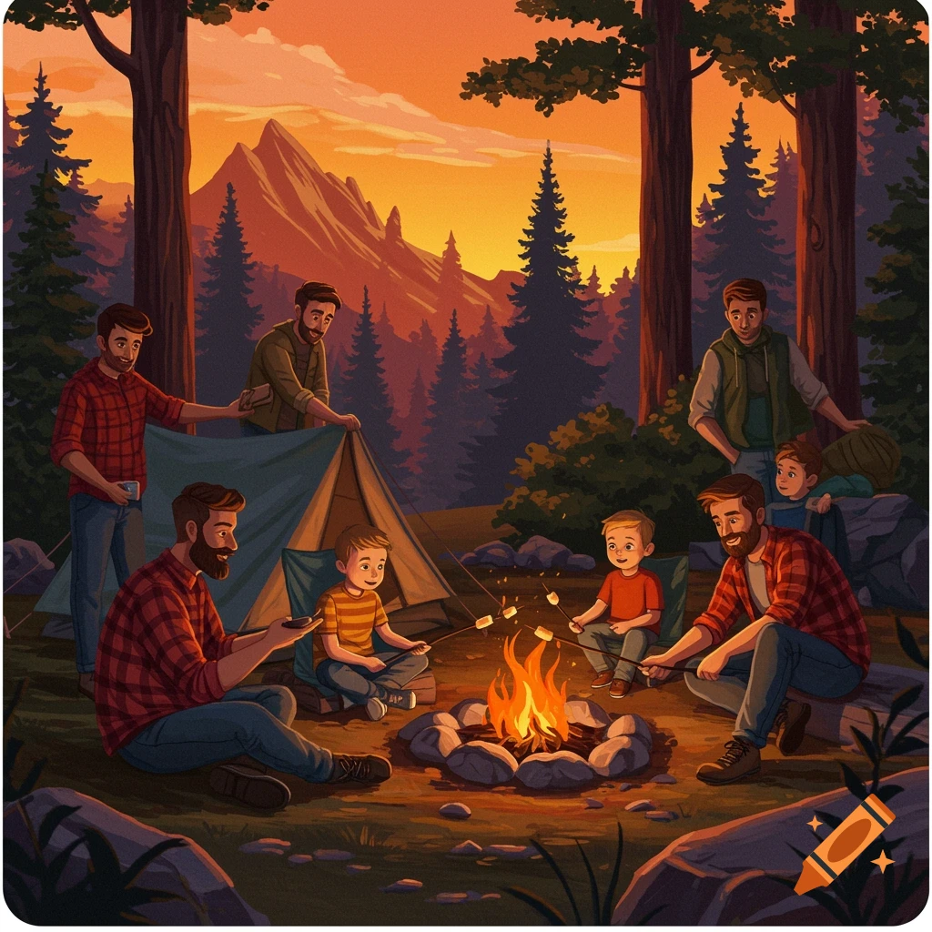 A group of fathers and sons are camping at sunset, setting up a tent and roasting marshmallows over a campfire.
