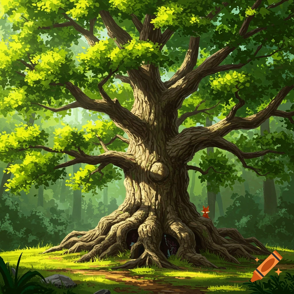 A giant, ancient tree with exposed roots stands in a sunlit forest clearing. A small red fox sits near the base.