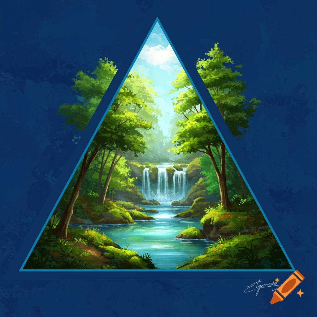 A lush forest waterfall scene inside a blue triangle frame.