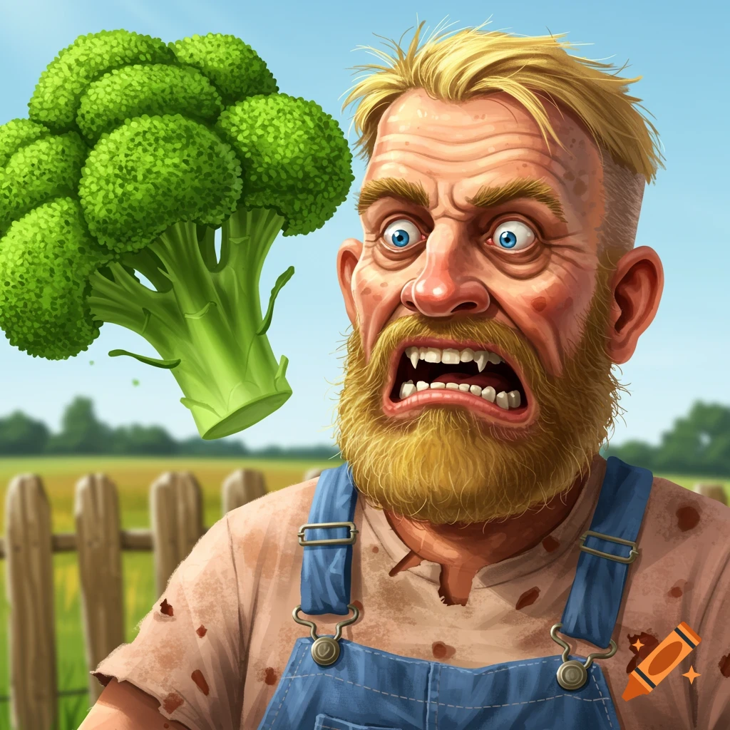 A scared man in overalls recoils from a piece of broccoli in a field.
