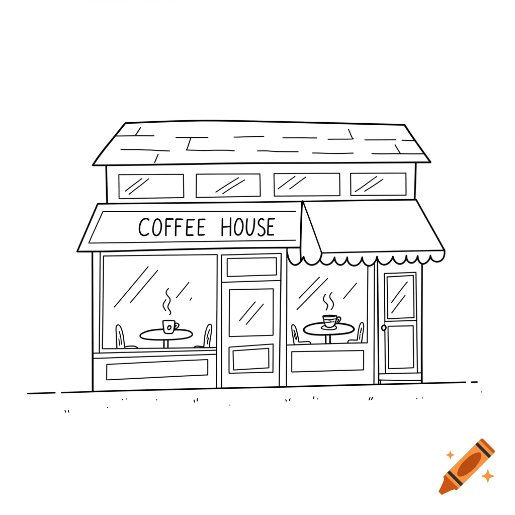 A black and white line drawing of a coffee house.