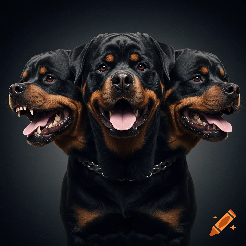 Three-headed Rottweiler wearing a chain collar against a dark background.