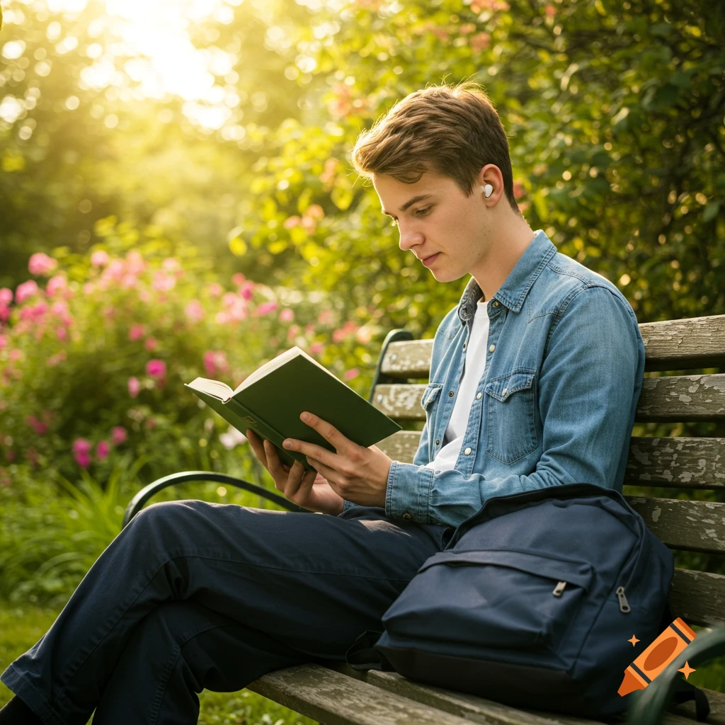 A young man sits on a park bench, reading a book in bright sunlight with earbuds in. A backpack is beside him.