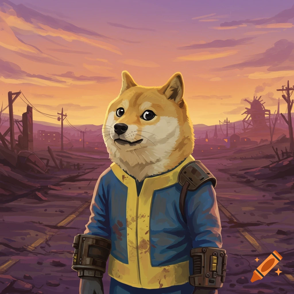 A doge character wearing a blue and yellow jumpsuit in a post-apocalyptic wasteland at sunset.