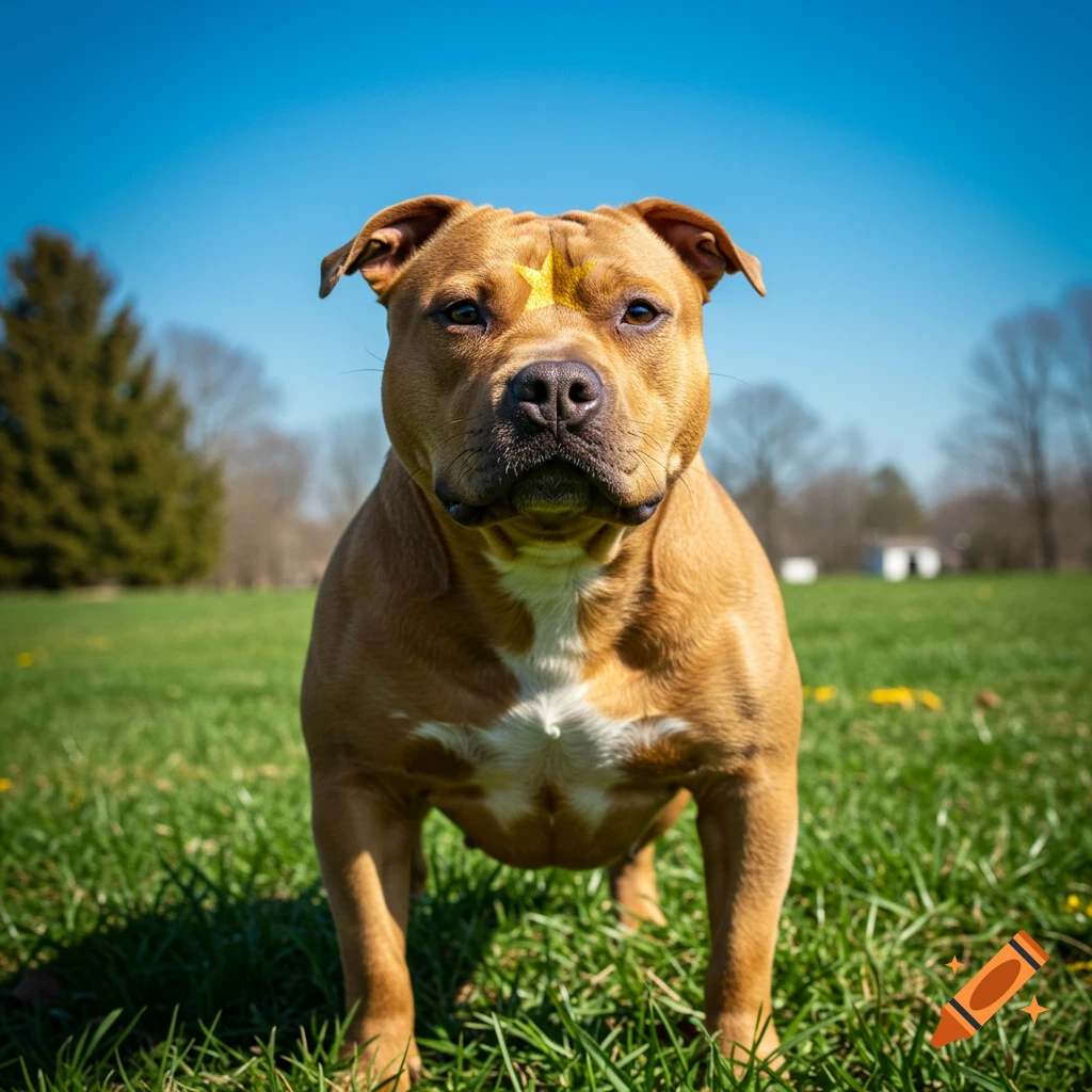 Low angle photo of a tan American Bully dog with a gold star on its head, standing in a grassy field under a blue sky.
