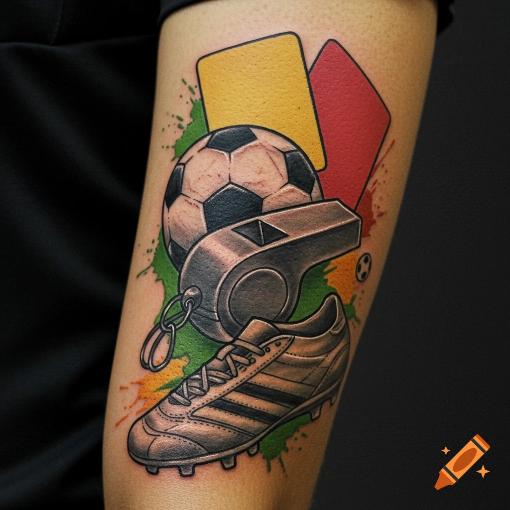 A tattoo on an arm featuring a soccer ball, whistle, cleat, and red and yellow cards with paint splatter.