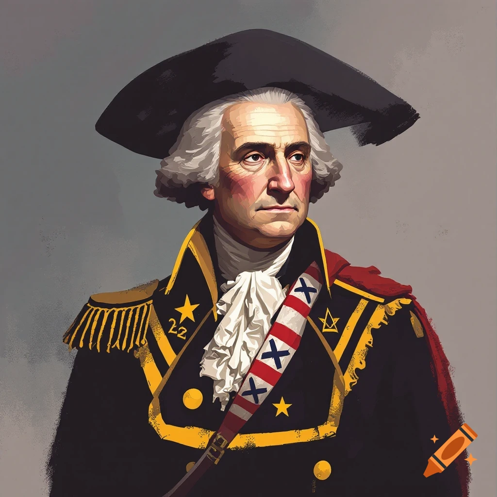 A portrait of George Washington in a black military uniform with gold trim and a red sash.
