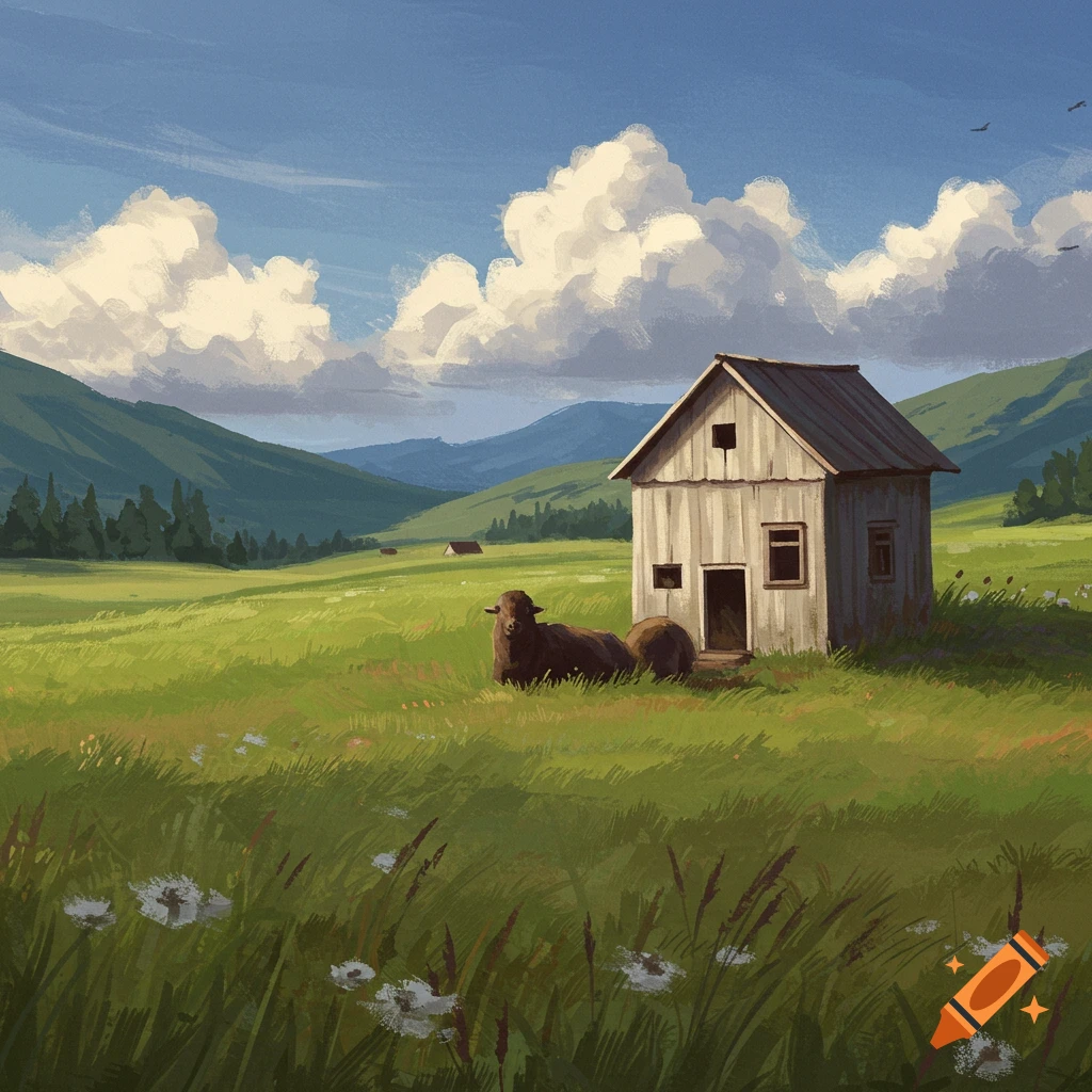 A small house and sheep in a grassy mountain valley with mountains and clouds.