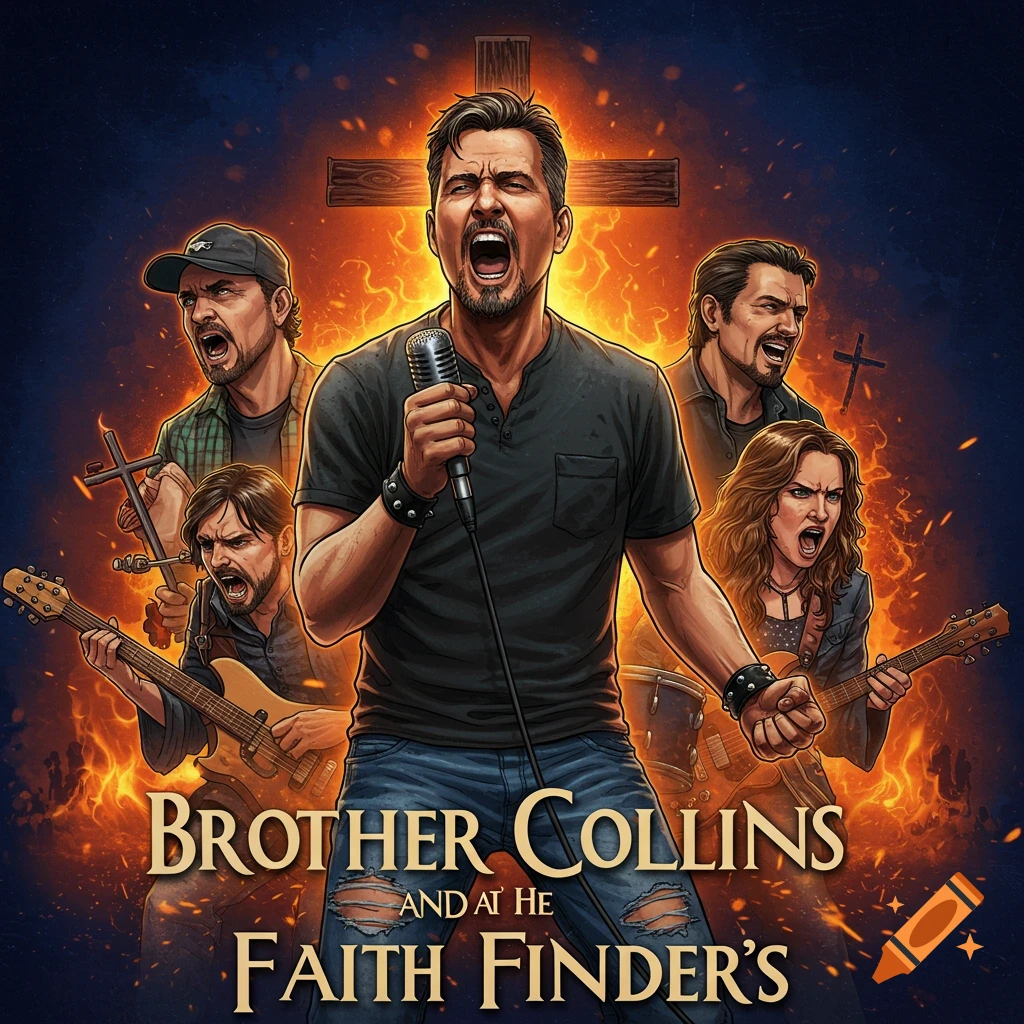 A Christian rock band is shown performing, with crosses and fire in the background. The image is designed as an album cover.