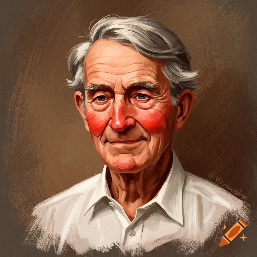 An old man with red cheeks and gray hair wears a white collared shirt.