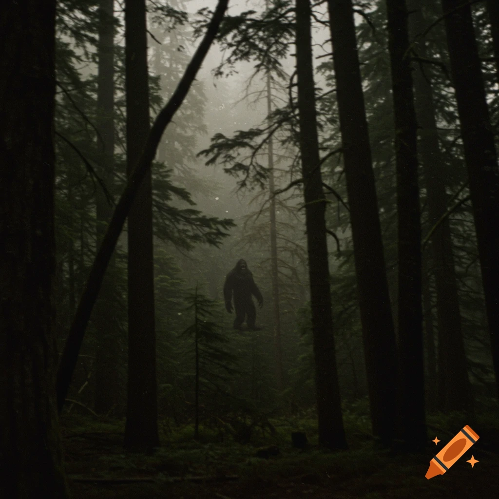 A blurry photo shows a dark, ape-like figure (Bigfoot) standing in a foggy forest.