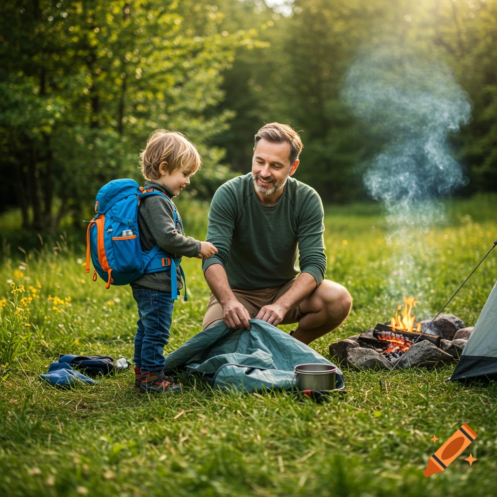 Father and son setting up a tent at a campsite in a forest by a campfire.