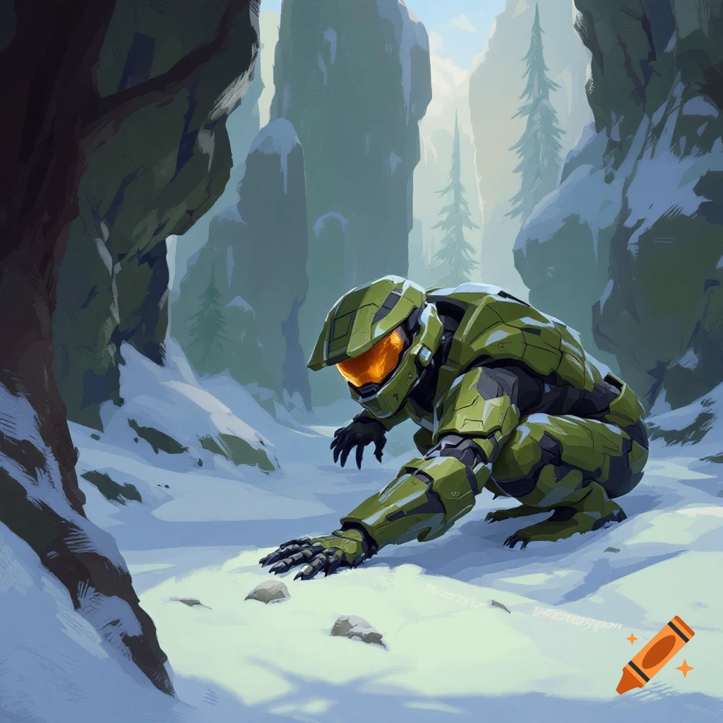A figure in green sci-fi armor is shown crouching in a snowy mountain landscape.