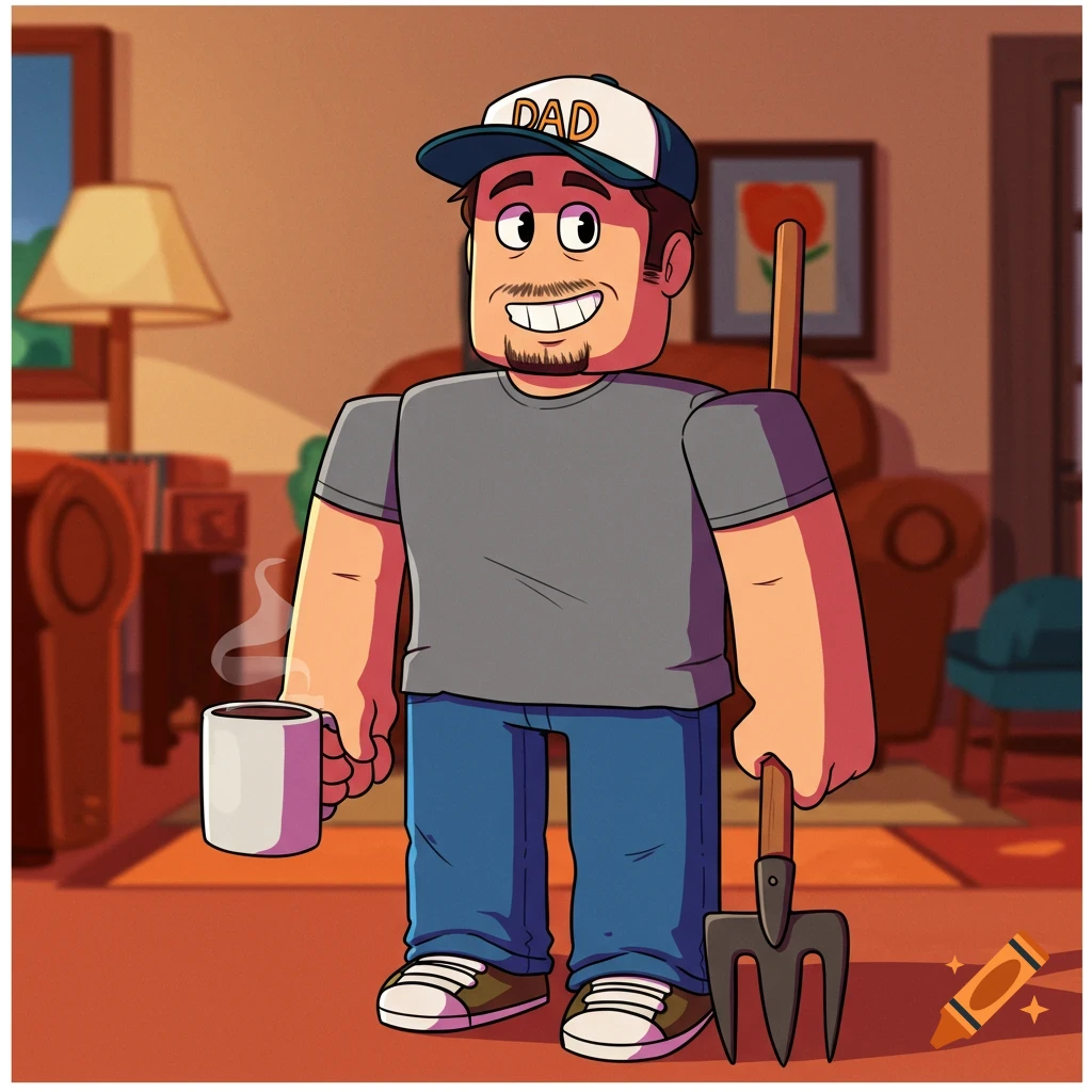 Cartoon man with DAD hat holds a coffee mug and pitchfork.