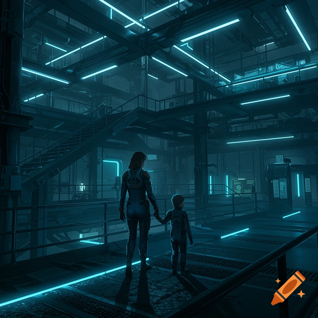 A woman and child walk through a futuristic, blue-lit industrial interior.