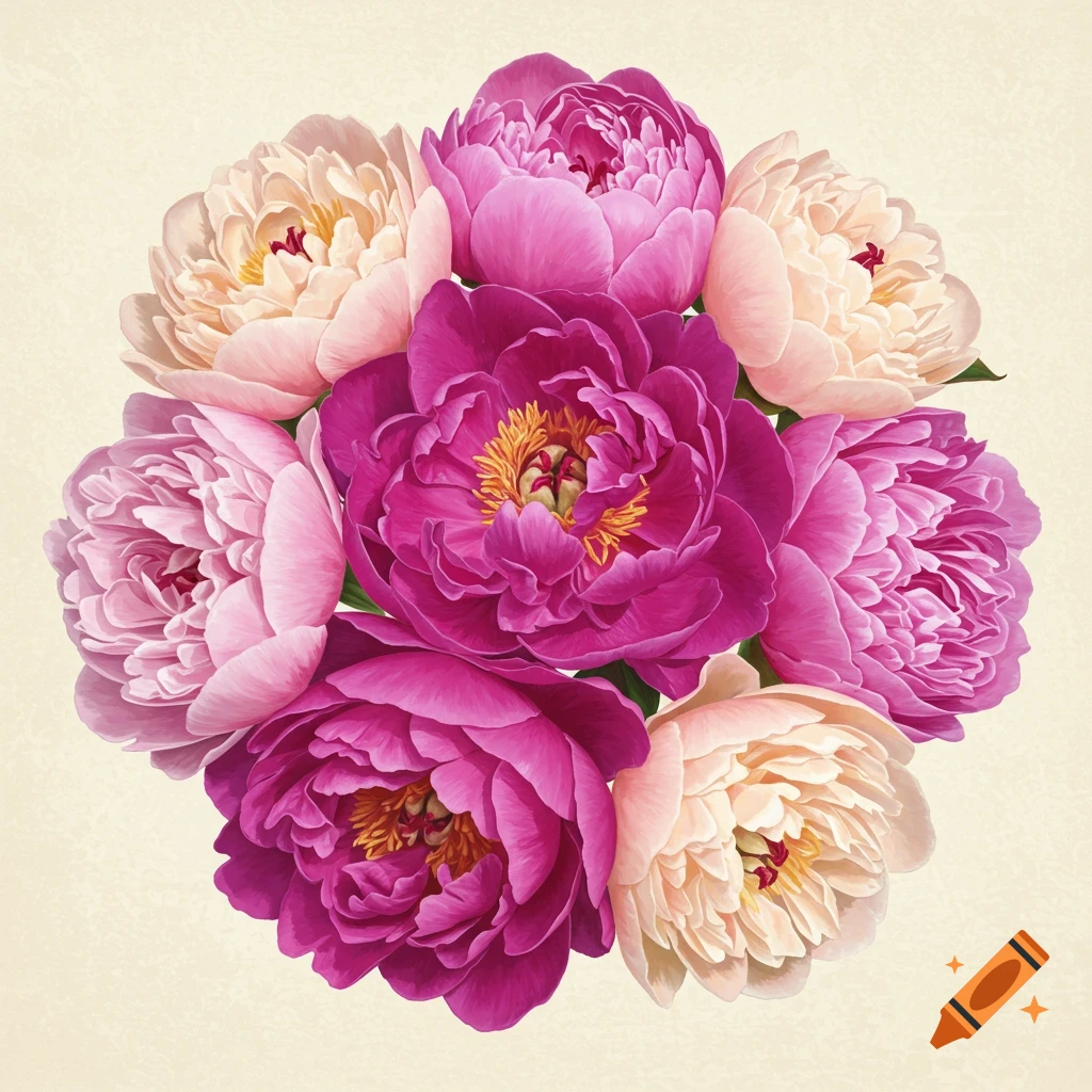 A round arrangement of pink and white peonies.