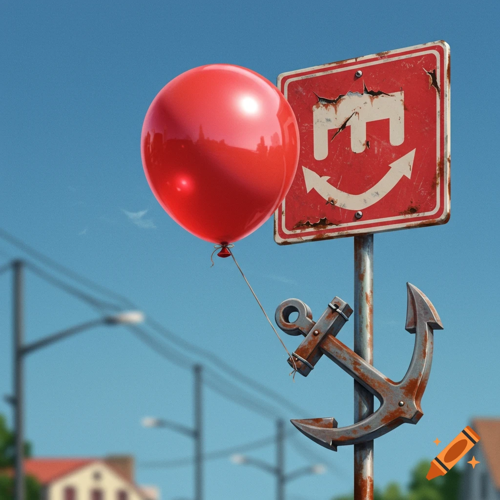 A red balloon tied to a street sign with a smiley face symbol and an anchor.