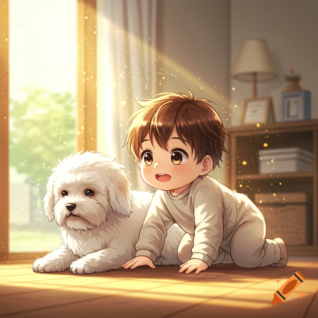 An anime toddler crawls with a white dog in a sunlit room.