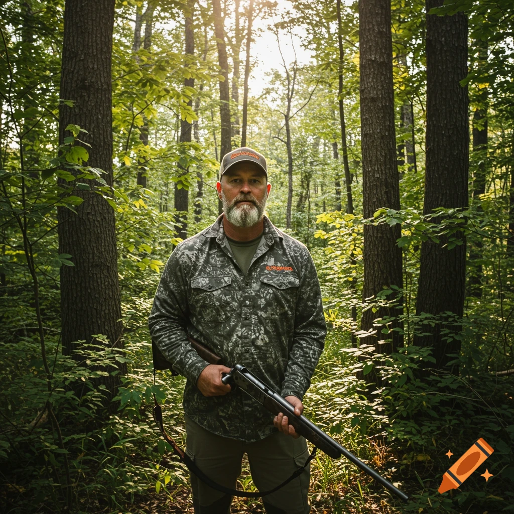 A man with a beard and baseball cap stands in a sun-dappled forest holding a rifle.